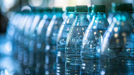 A wide shot of the entire water bottle filling line shows clear bottles in focus against a light blue color theme.