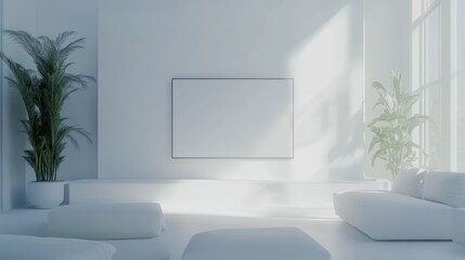 Minimalist white room, empty frame, sunlight, plants, seating