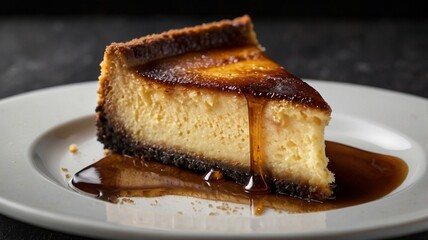 A detailed close-up shot highlighting the beautifully caramelized, slightly charred crust of a burnt cheesecake, with a smooth, molten interior.
