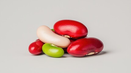 Close-up of red, white, and green beans on a gray background.