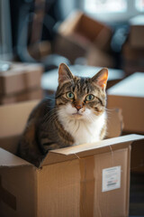 A cute cat is sitting in a cardboard box surrounded by moving boxes, looking at the camera.