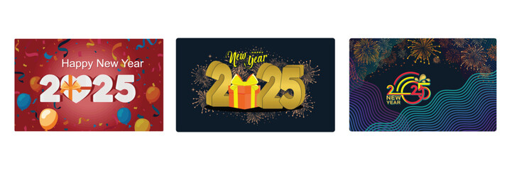 New Year greeting card design featuring confetti, balloons, gift boxes and fireworks.
