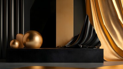 Abstract gold and black backdrop with spheres