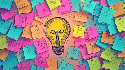 A vibrant arrangement of colorful sticky notes surrounds a light bulb illustration, symbolizing creativity and brainstorming.