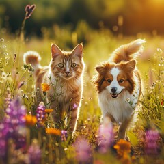 Obraz premium Playful Cat and Dog in Colorful Wildflower Meadow Scene