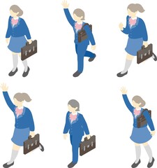 アイソメトリック　俯瞰図　人物　女性　学生　制服　多様性　SDGS　フラット　シンプル　イラスト素材セット