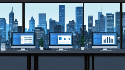 Modern office with city view and computer screens displaying data. Use for presentations about modern work or technology