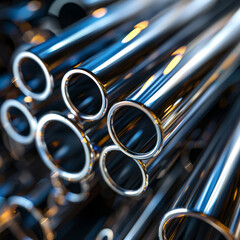 Naklejka premium A close-up view shows stainless steel pipes stacked together.