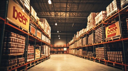Beer crates stored inside warehouse for distribution and commercial consumption