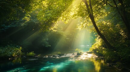 Fototapeta premium Sunlight Filtering Through Trees in a Tranquil Forest Setting