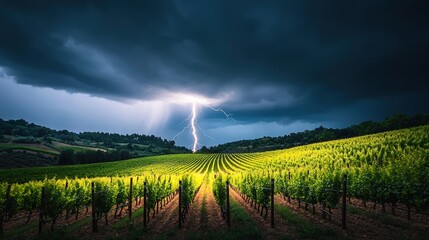 Fototapeta premium A thunderstorm over a vineyard, with lightning illuminating the grapevines and rain pouring down.