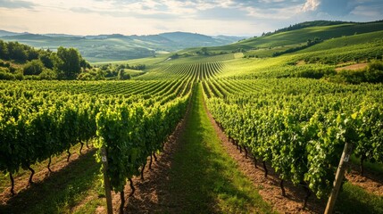 Fototapeta premium Verdant Vineyard Valley with Meticulous Rows Under a Blue Sky