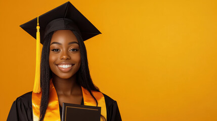Happy graduate with diploma on vibrant yellow background celebrating academic success