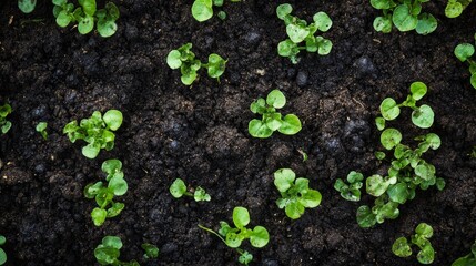 Lush Green Seedlings in Dark Rich Soil of Fertile Earth