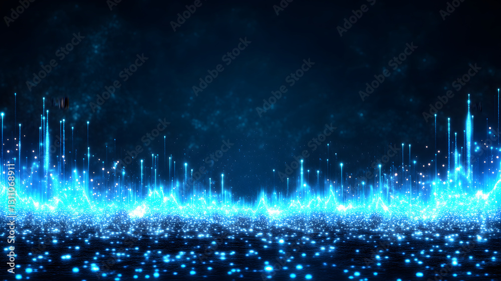 Poster a vibrant blue abstract scene featuring glowing particles and light waves, creating a sense of energ