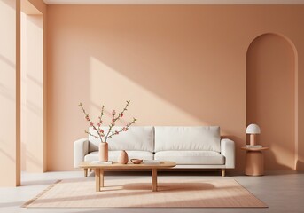 Serene peach living room sunlight bathes minimalist sofa. AI Generated