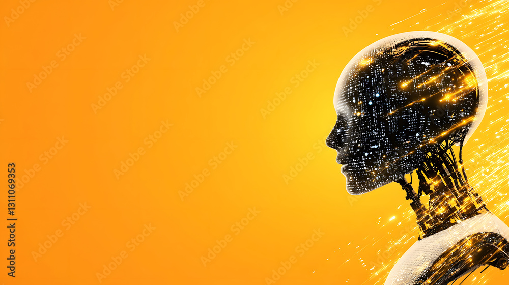 Poster a futuristic robot silhouette against an orange background, symbolizing artificial intelligence and 