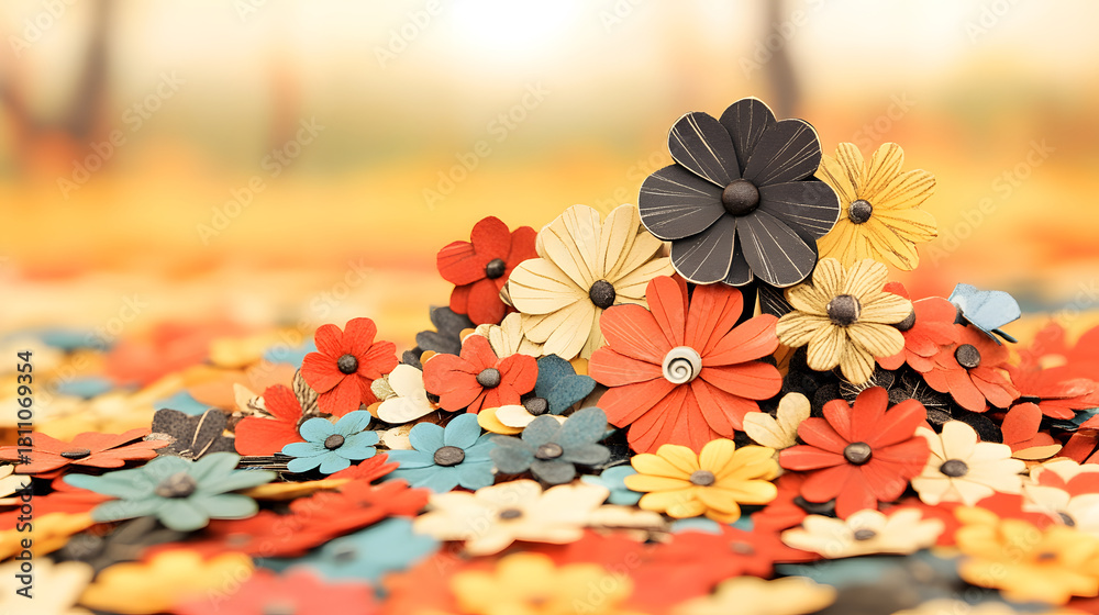 Poster A vibrant arrangement of colorful flowers, displaying a variety of shapes and sizes, creating a cheerful and lively atmosphere