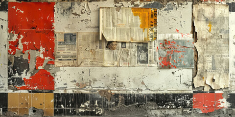 An abstract grunge collage of newspaper clippings, typography, and vintage magazine cutouts, set against a background of an old weathered wall with peeling paint.