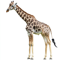 Obraz premium Giraffe standing on white background, showcasing its unique pattern