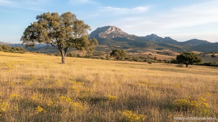 Solitary Tree in Golden Field with Mountain Background