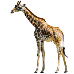 Fototapeta premium Giraffe standing on white background, showcasing its unique pattern