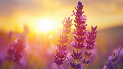 Naklejka premium Lavender flowers at sunset in Provence, France. Macro image. Beautiful summer nature background