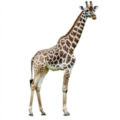 Obraz premium Giraffe standing on white background, showcasing its unique pattern