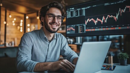 Fototapeta premium Young Professional Man Wearing Casual Attire at Modern Office Desk