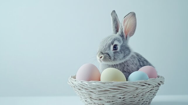 Cute gray bunny sitting in a basket, paired with colorful Easter eggs placed on a white tabletop, perfect for Easter themed design, providing ample text space.