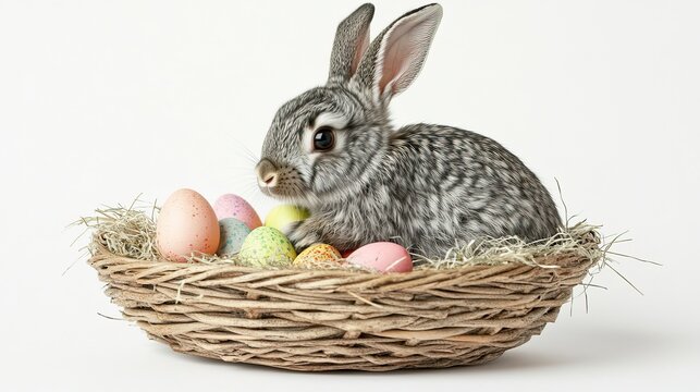 Cute gray bunny sitting in a basket, paired with colorful Easter eggs placed on a white tabletop, perfect for Easter themed design, providing ample text space.
