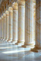Fototapeta premium A row of classical marble columns, each column representing one pillar in the justice system, set against a white background with soft shadows and highlights on the pillars.