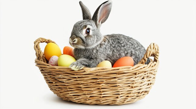 Cute gray bunny sitting in a basket, paired with colorful Easter eggs placed on a white tabletop, perfect for Easter themed design, providing ample text space.