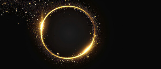 A circular frame with a golden glitter effect and stars is set against a black backdrop in a vector illustration, complete with a glowing effect.