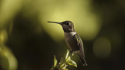 Fototapeta premium Hummingbird perched on branch with blurred green background