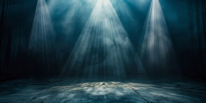 Spotlights shine down on a stage, creating an atmospheric and mysterious setting.