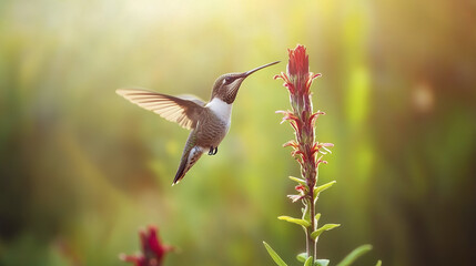 Fototapeta premium Hummingbird hovering near sunlit flower with wings spread