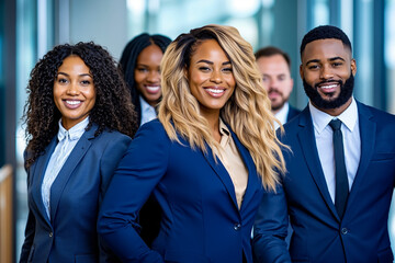 A group of business people standing in a line smiling at the camera