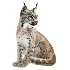 Iberian lynx sitting on white background, looking alert