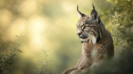 Fototapeta premium Iberian lynx gazing into distance in serene forest setting
