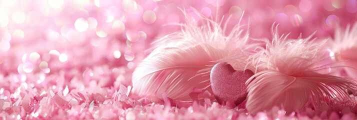 A pink background features fluffy feathers and two heart-shaped objects in the foreground, creating a romantic atmosphere for Valentine's Day.