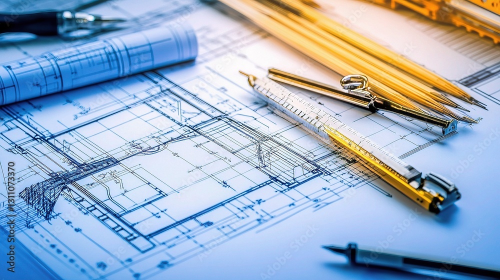 Poster detailed abstract architecture design blueprint with tools and lines