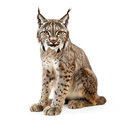 Iberian lynx sitting on white background, looking alert