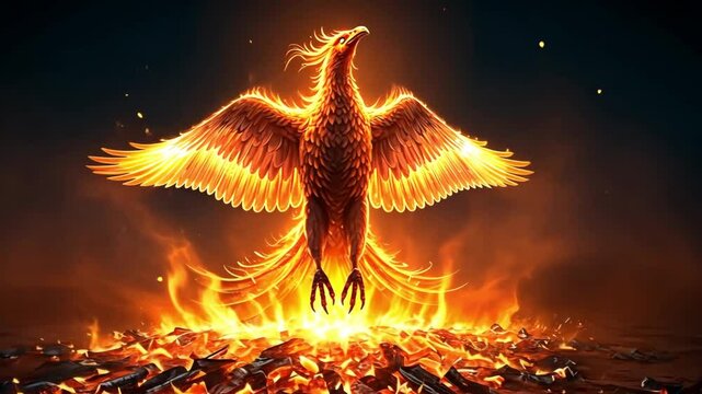 Glowing phoenix rising from fire and ashes in a dramatic fantasy setting