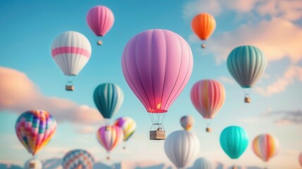 Colorful hot air balloons float gracefully clear blue sky, creating vibrant and serene scene. balloons, various patterns and hues, drift over picturesque landscape, evoking sense of adventure and