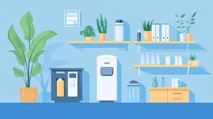 Obraz premium Office water cooler area with plants and shelves