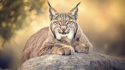 Obraz premium Iberian lynx resting on rock with focused amber eyes