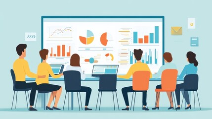 Training and development concept, business team analyzing income charts and graphs with supervisory management, professional development, trainer, plan and career transition icon on virtual screen. 