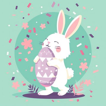 Easter Bunny Holding Oversized Decorated Egg in Flat Vector Style, Lavender and Mint Color Blocks, Geometric Flower Patterns, Confetti Explosion Background, Perfect for Spring Holiday Designs.