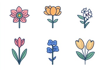 Fototapeta premium Colorful flower icons; spring bloom; white background; graphic design